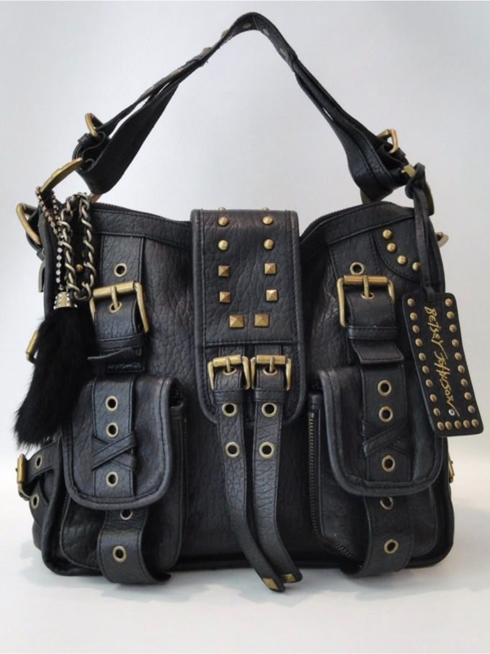 Vintage Betsey Johnson Black Shoulder Bag with Gold Hardware and Stud Accents